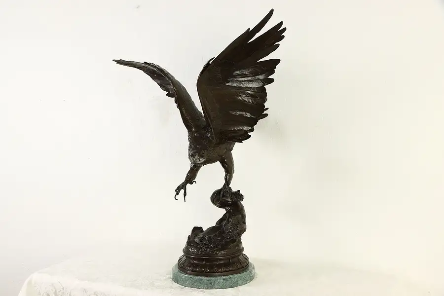 Main image of Eagle Bronze Sculpture after French Sculptor Jules Moigniez, Marble Base