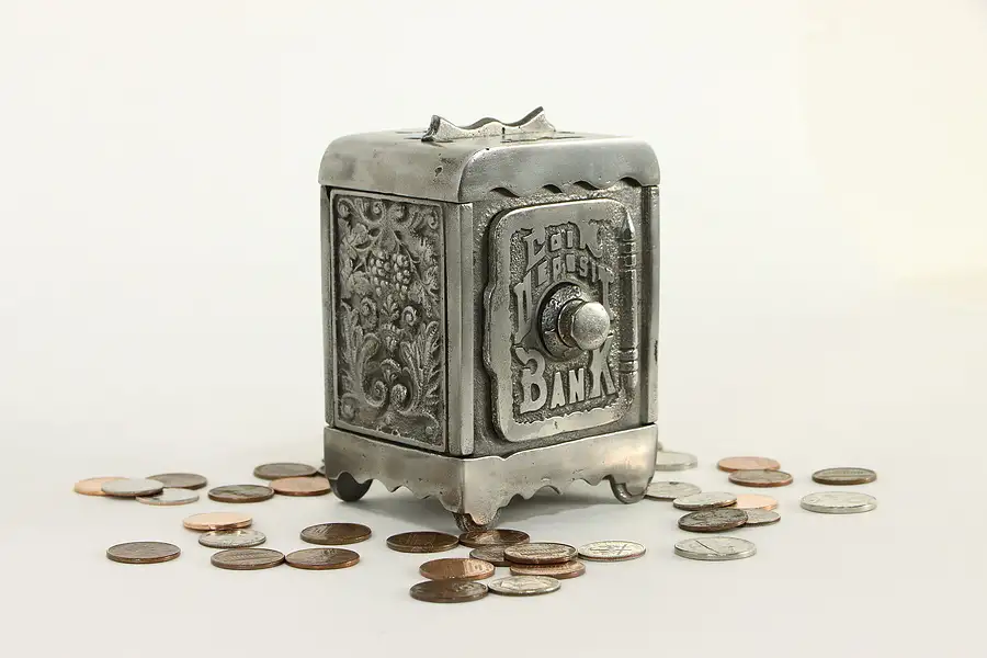 Main image of Nickel Antique Miniature Coin Bank, Combination Lock, Grape Vine Motifs