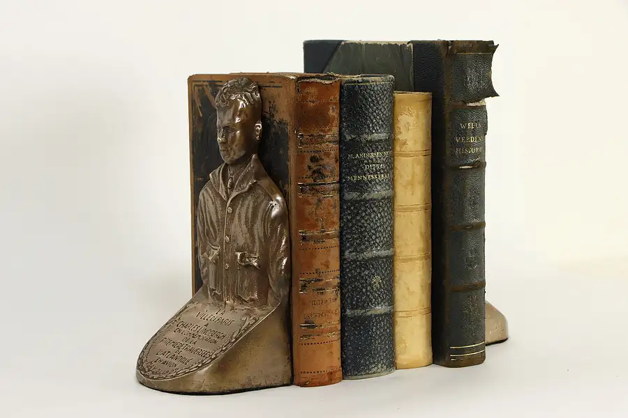 Main image of Pair of Antique Solid Bronze Charles Lindbergh Bookends, 1927