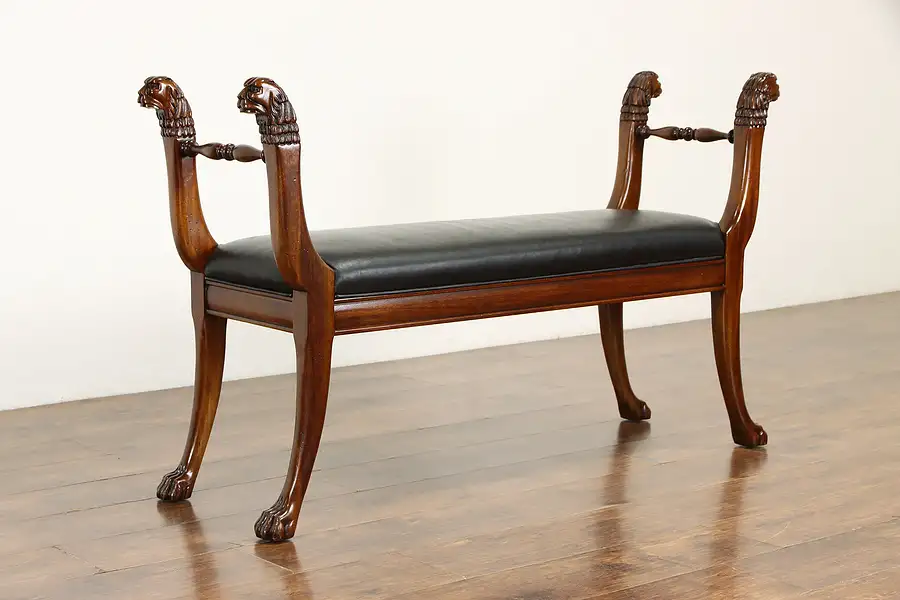 Main image of Mahogany Vintage Leather Bench, Carved Lion Heads & Paw Feet, Henredon