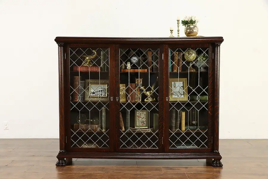 Main image of Victorian Antique Oak Triple Office Library Bookcase Leaded Glass Doors