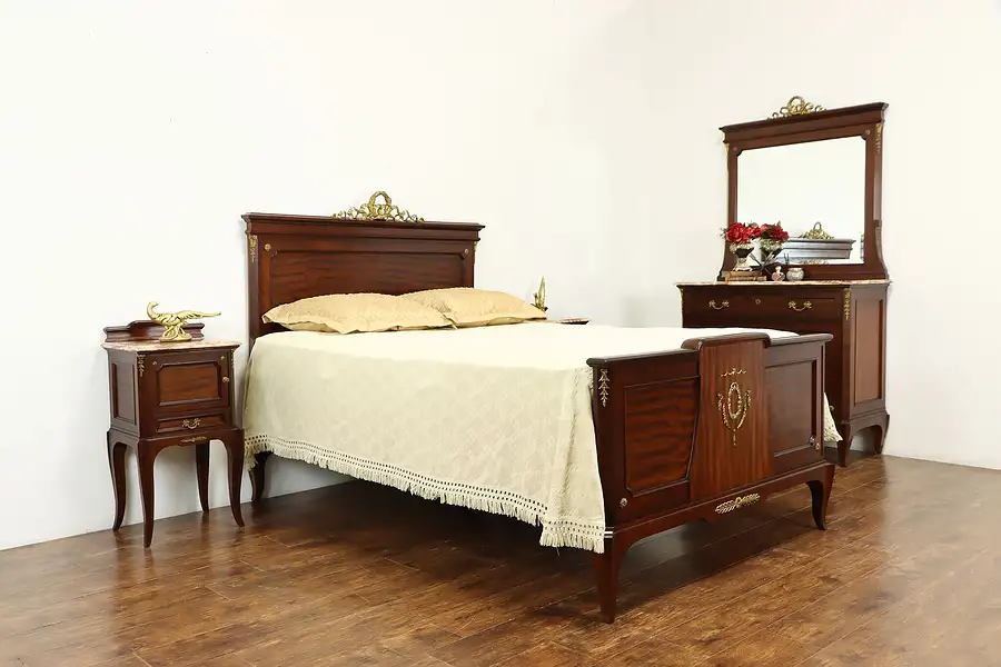 Main image of French Empire Antique Mahogany 4 Pc Bedroom Set Queen Size Bed, Onyx Tops