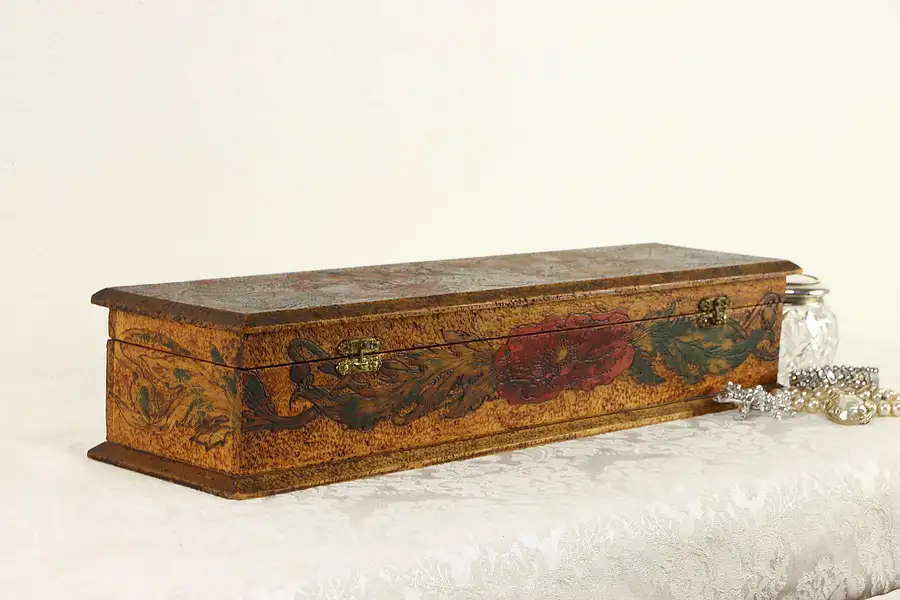 Main image of Pyrographic Burnt Wood Hinged Box, Painted Flowers & Red Silk Interior