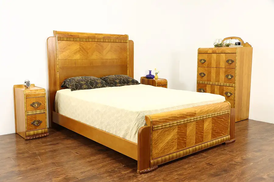 Main image of Art Deco Waterfall Vintage 4 Pc Satinwood Bedroom Set, Queen Size Bed