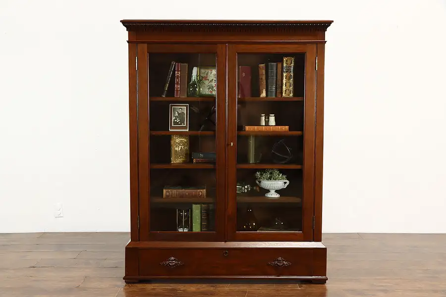 Main image of Victorian Antique Walnut Office or Library Bookcase, Wavy Glass Doors