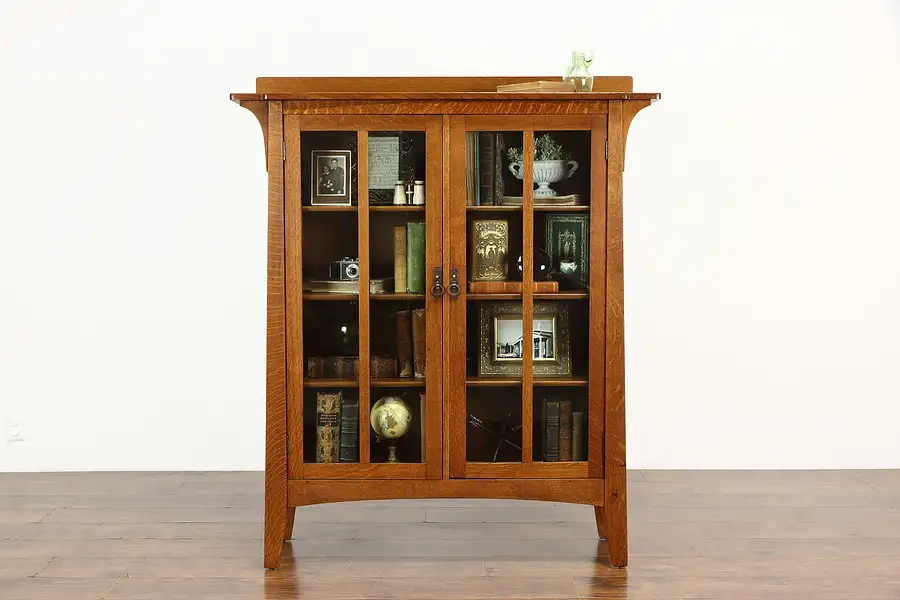 Main image of Arts & Crafts Mission Oak Craftsman Bookcase China Cabinet Signed Limbert