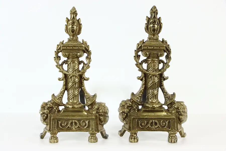 Main image of Pair of Classical Brass Antique Fireplace Andirons, Laurel Wreath & Flame