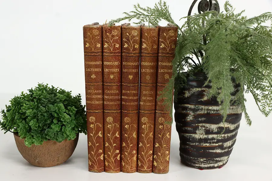 Main image of Set of 5 Gold Tooled Leather Bound Books, Stoddard's Lectures 1901-1909