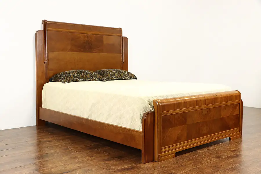 Main image of Art Deco 1930's Vintage Queen Size Waterfall Design Bed, Walnut & Burl