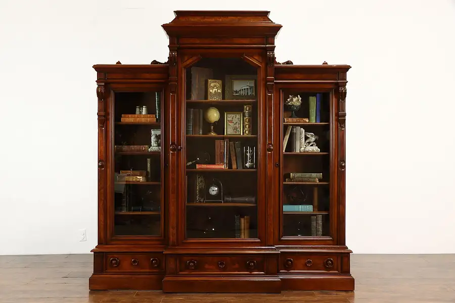 Main image of Victorian Antique Walnut & Burl Triple Office or Library Bookcase