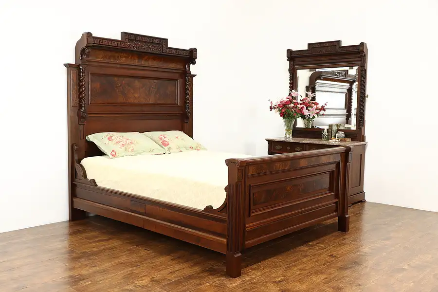 Main image of Victorian Eastlake Antique Walnut Bedroom Set, Queen Bed, Marble Chest