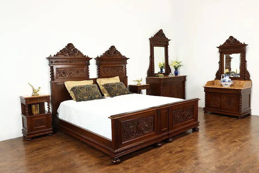 Main image of Renaissance Carved Antique Italian Bedroom Set King Size Bed, Marble Tops