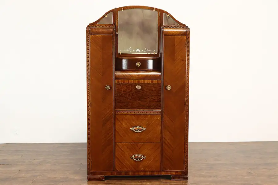 Main image of Art Deco Waterfall Vintage Chifferobe, Armoire, Cedar Wardrobe & Desk