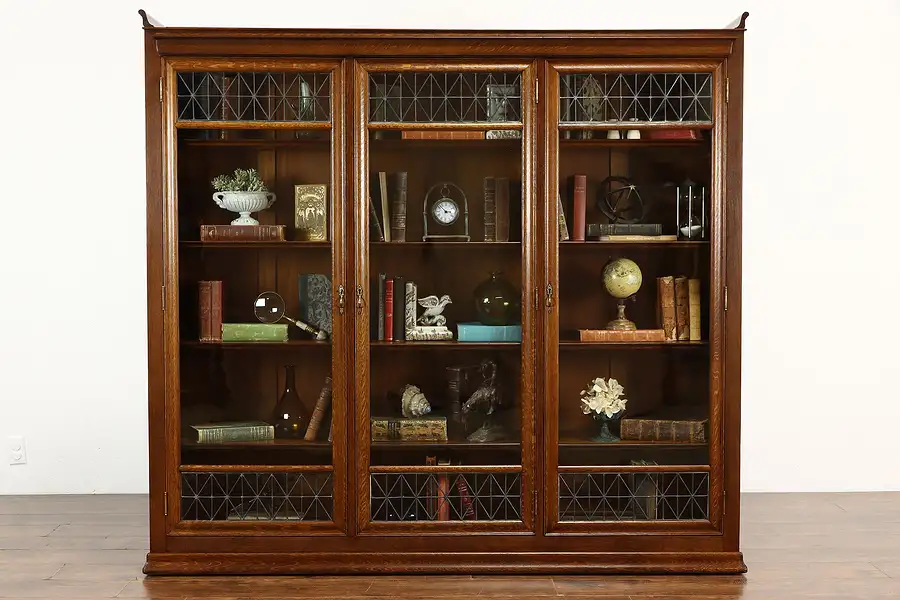 Main image of Arts & Crafts Antique Craftsman Oak Leaded Glass Triple Office Bookcase