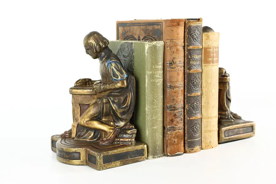 Main image of Pair of Armor Bronze Antique Shakespeare Bookends Signed C.S. Allen