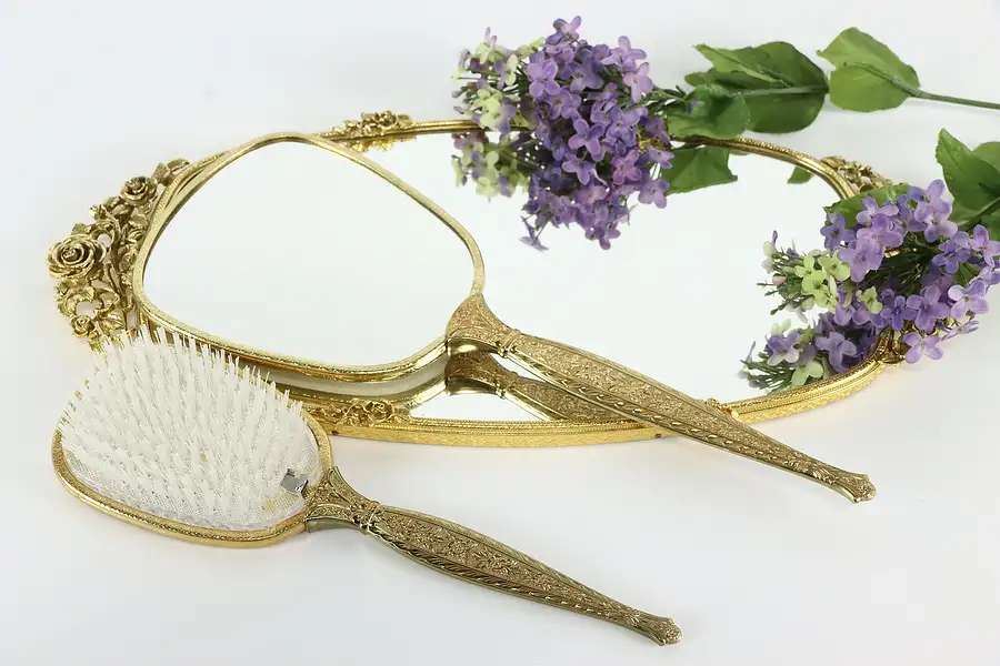 Main image of Gold Plated Filigree Vintage Floral Tray, Brush & Mirror Set, Matson