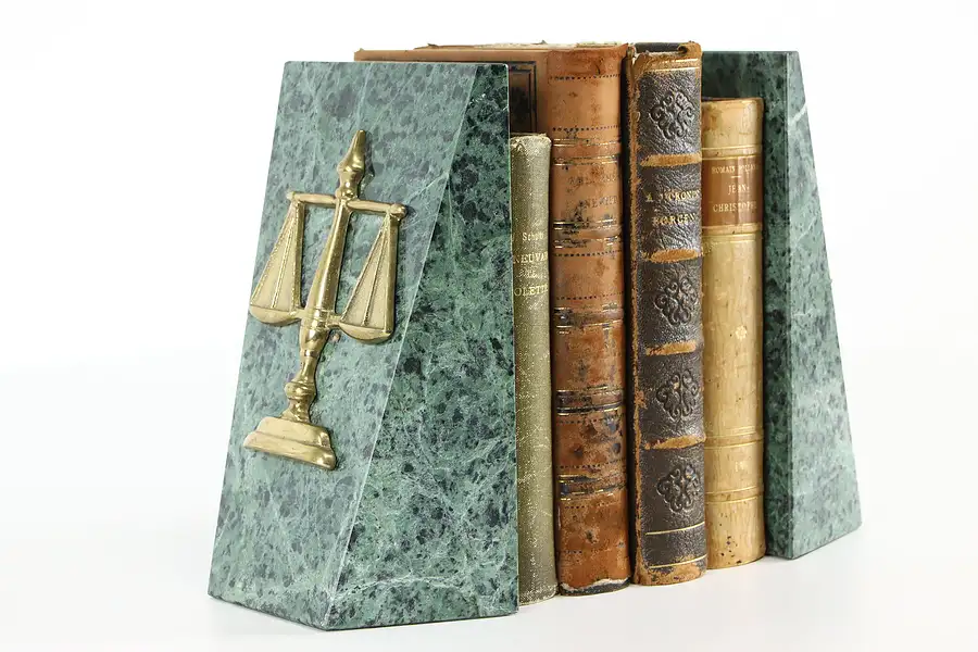 Main image of Pair of Green Marble & Scales of Justice Vintage Bookends