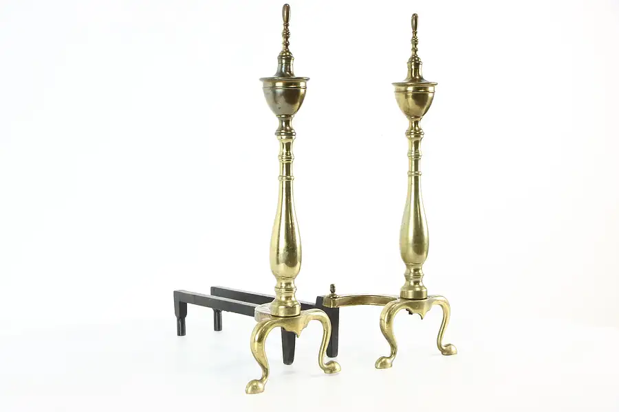 Main image of Pair of Vintage Brass Fireplace Hearth Andirons, Cast Iron Log Rests