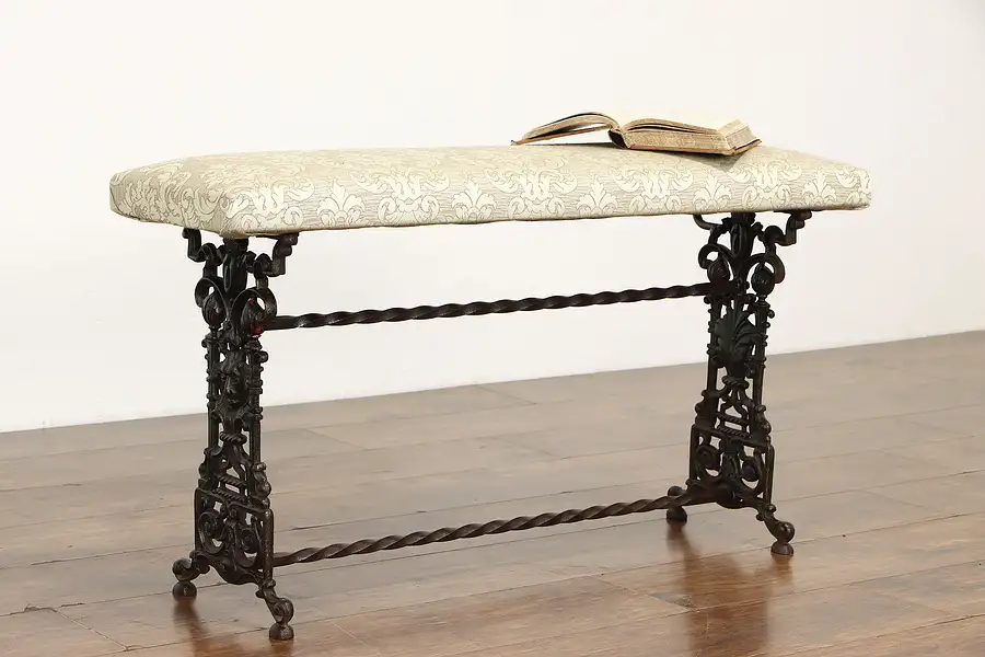 Main image of Cast Iron Antique Bench, Lion Heads & Torches, New Upholstery