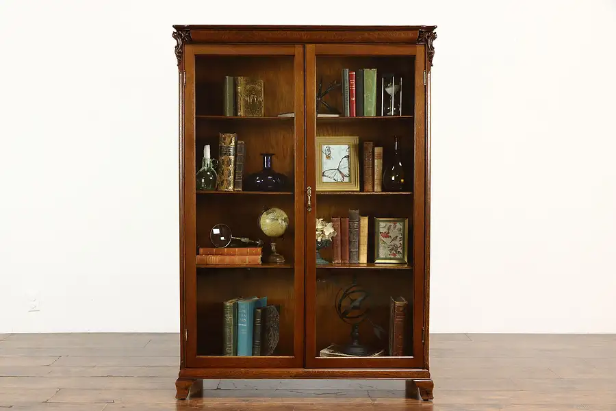 Main image of Victorian Oak Antique Office Bookcase, Carved Lion Heads, Rockford