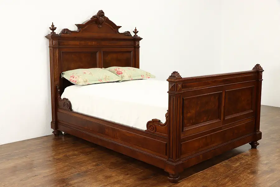 Main image of Victorian Renaissance Italian Carved Walnut Burl Full Size Antique Bed