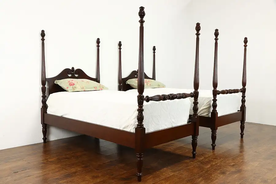 Main image of Pair of Antique 4 Poster Mahogany Single or Twin Beds, Carved Finials