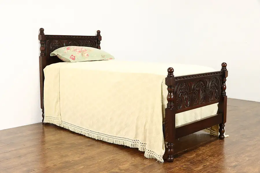 Main image of English Tudor Antique Carved Oak Twin or Single Bed