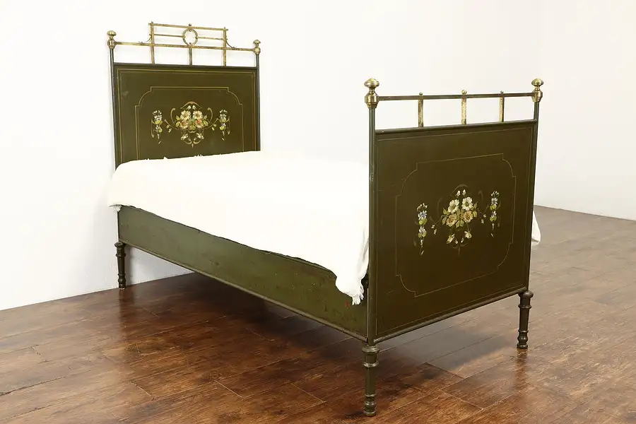 Main image of Brass & Iron Hand Painted Antique Child Size Single Bed, Quittner Vienna