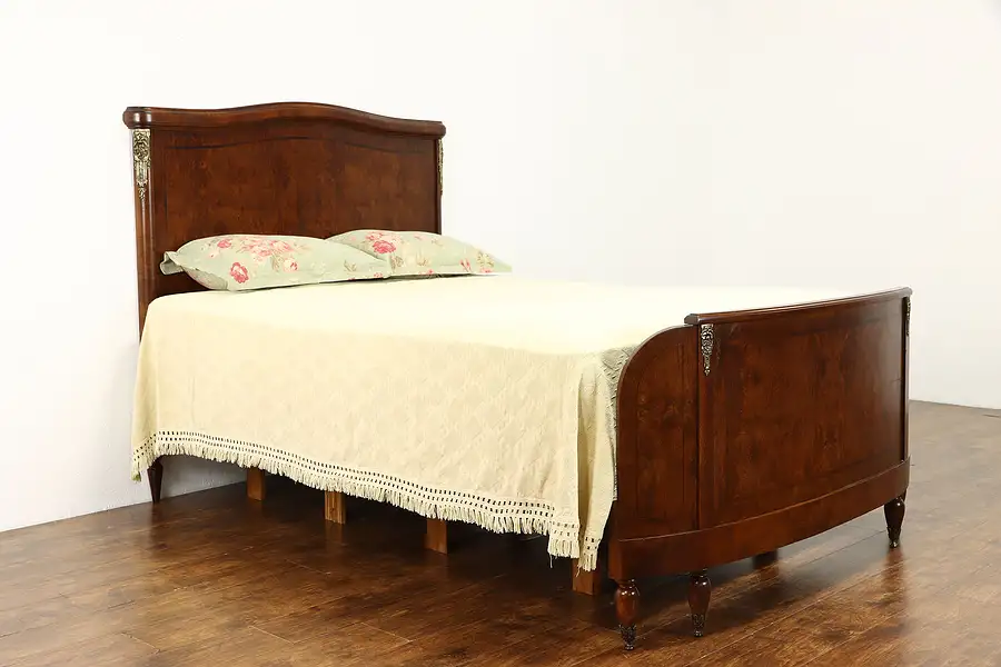 Main image of French Antique Rosewood & Ash Burl Queen Size Bed, Brass Mounts