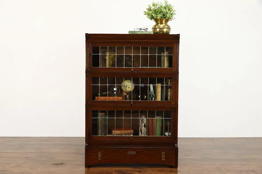 Main image of Craftsman Mission Oak 3 Stack Antique Leaded Glass Office Bookcase