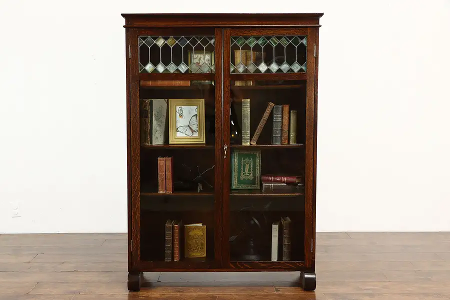 Main image of Craftsman Oak Antique Office Bookcase, Leaded Stained Glass Doors