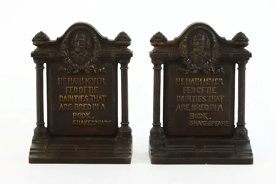 Main image of Pair of Vintage Cast Iron Shakespeare Quote Bookends, Bradley & Hubbard