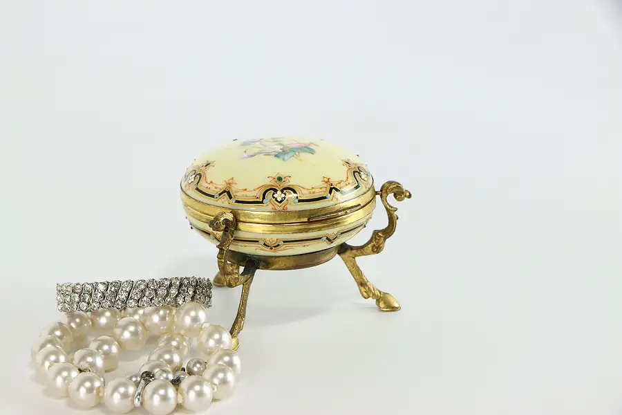 Main image of Victorian Brass Porcelain Enamel Jewelry, Keepsake or Trinket Box