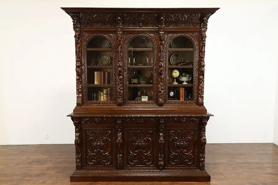 Main image of Black Forest Antique Carved Oak Office or Library Bookcase, China Cabinet