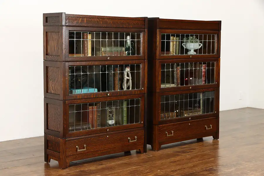 Main image of Pair of Craftsman 3 Stack Leaded Glass Oak Lawyer Bookcases, Lundstrom