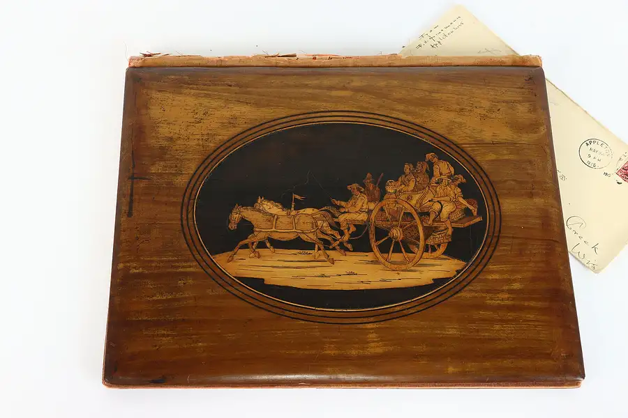 Main image of Cherry & Ebony German Antique Marquetry Book or Folio Cover Chariot Scene