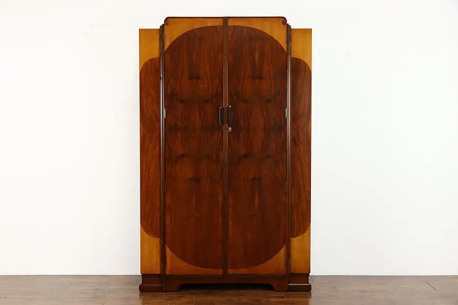 Main image of Art Deco Vintage English Wardrobe, Closet, Armoire, Bakelite Handles