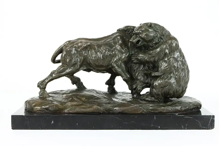 Main image of Wrestling Bear & Bull Vintage Bronze Sculpture, Marble Base, Signed Milo