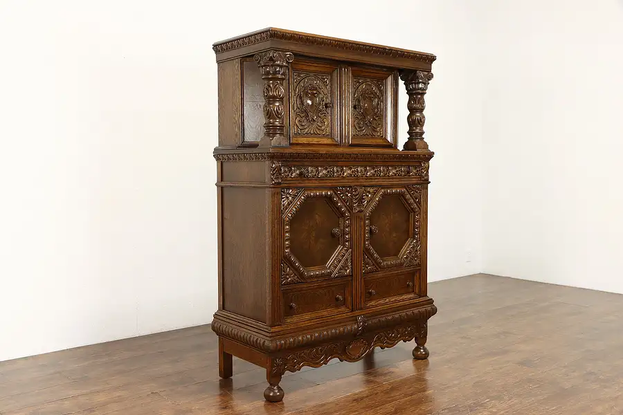 Main image of Oak Carved Renaissance Antique Oak China or Bar Cabinet