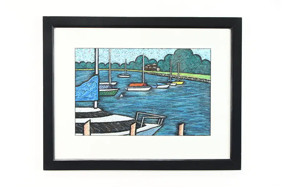 Main image of Boats in Neenah Harbor Original Oil Pastel Painting, Bruce Bodden 26 1/2'