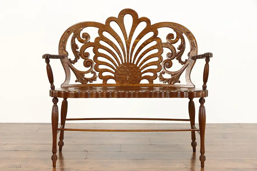 Main image of Art Nouveau Quarter Sawn Oak Antique Farmhouse Bench, Carved Fan Design