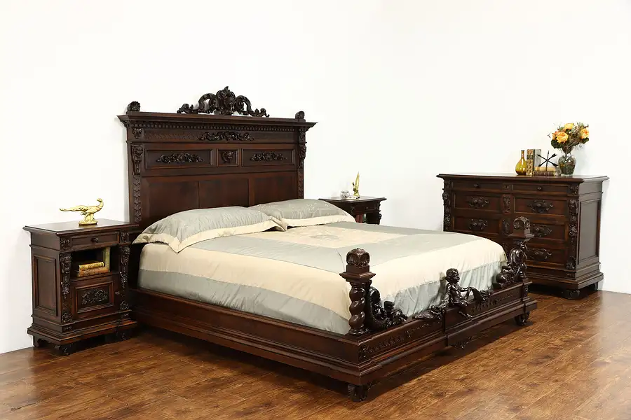 Main image of Renaissance Antique Italian Bedroom Set, King Bed, Dresser, Nightstands