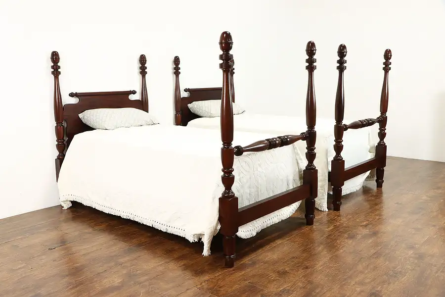 Main image of Pair of Antique Mahogany Single or Twin Poster Beds, Acorn Finials