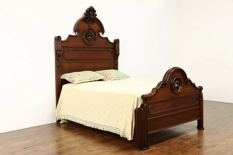 Main image of Victorian Antique Walnut Full of Double Size Bed, Hand Carved Fruit