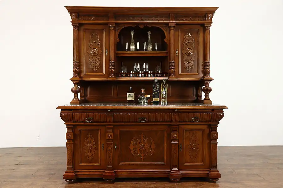 Main image of Carved Walnut Antique Marble Top Back Bar Cabinet, Sideboard