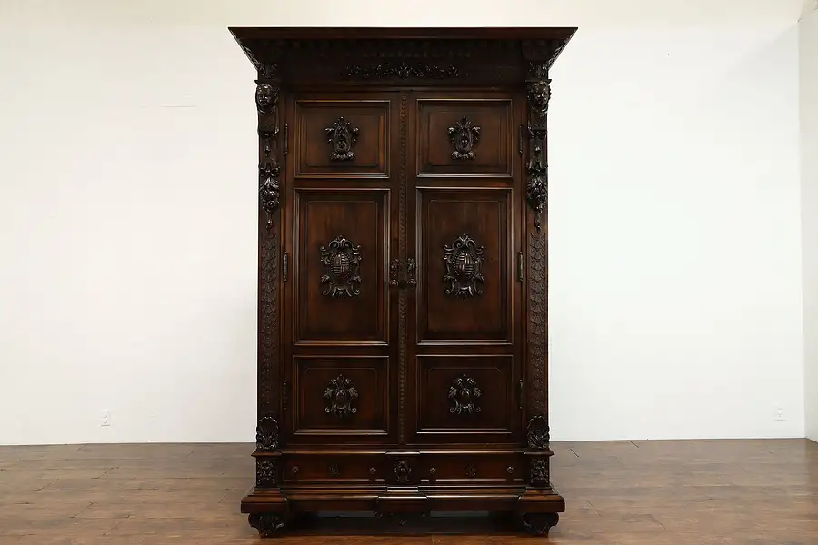 Main image of Renaissance Antique Italian Armoire, Wardrobe, Closet Carved Heads, Lions