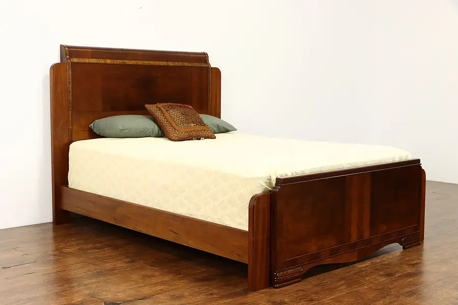 Main image of Art Deco Vintage Waterfall Queen Bed Matched Grain Walnut Zebrawood Inlay