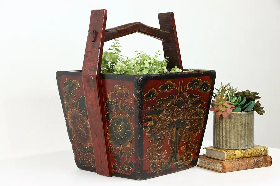 Main image of Hand Painted Vintage Rustic Chinese Wooden Rice Bucket, Bin or Planter