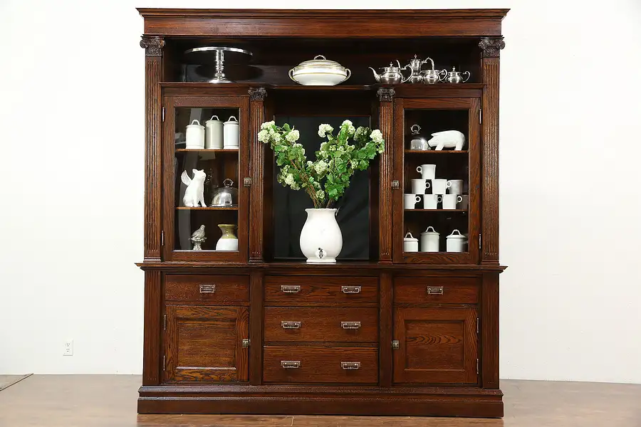 Main image of Oak 1900 Antique Back Bar or China Cabinet & Sideboard with Mirror