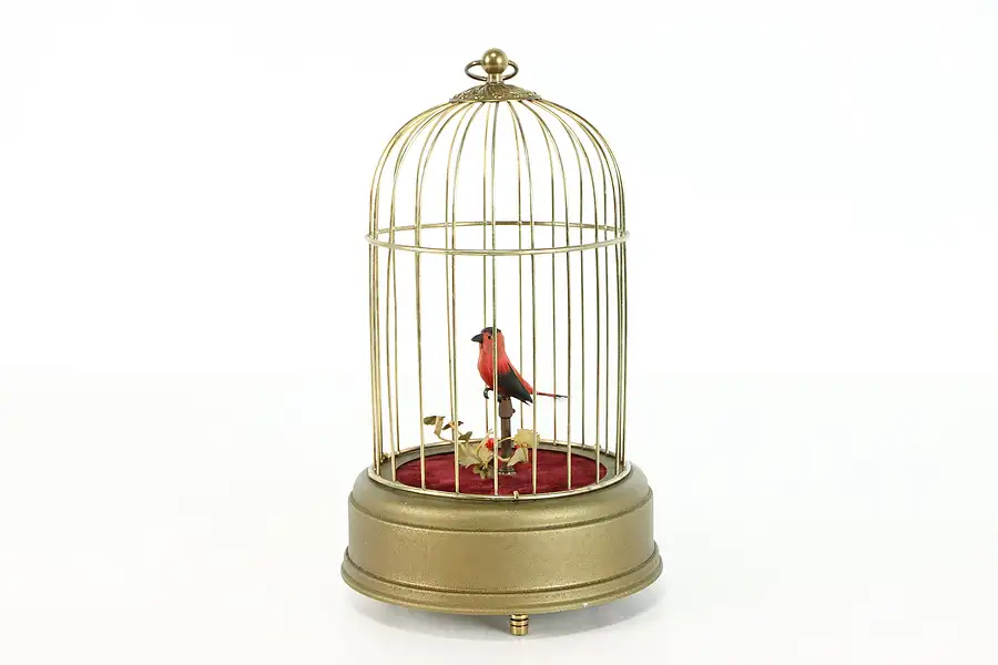 Main image of Singing Bird in Cage Vintage Automaton, West Germany, Red Velvet Base